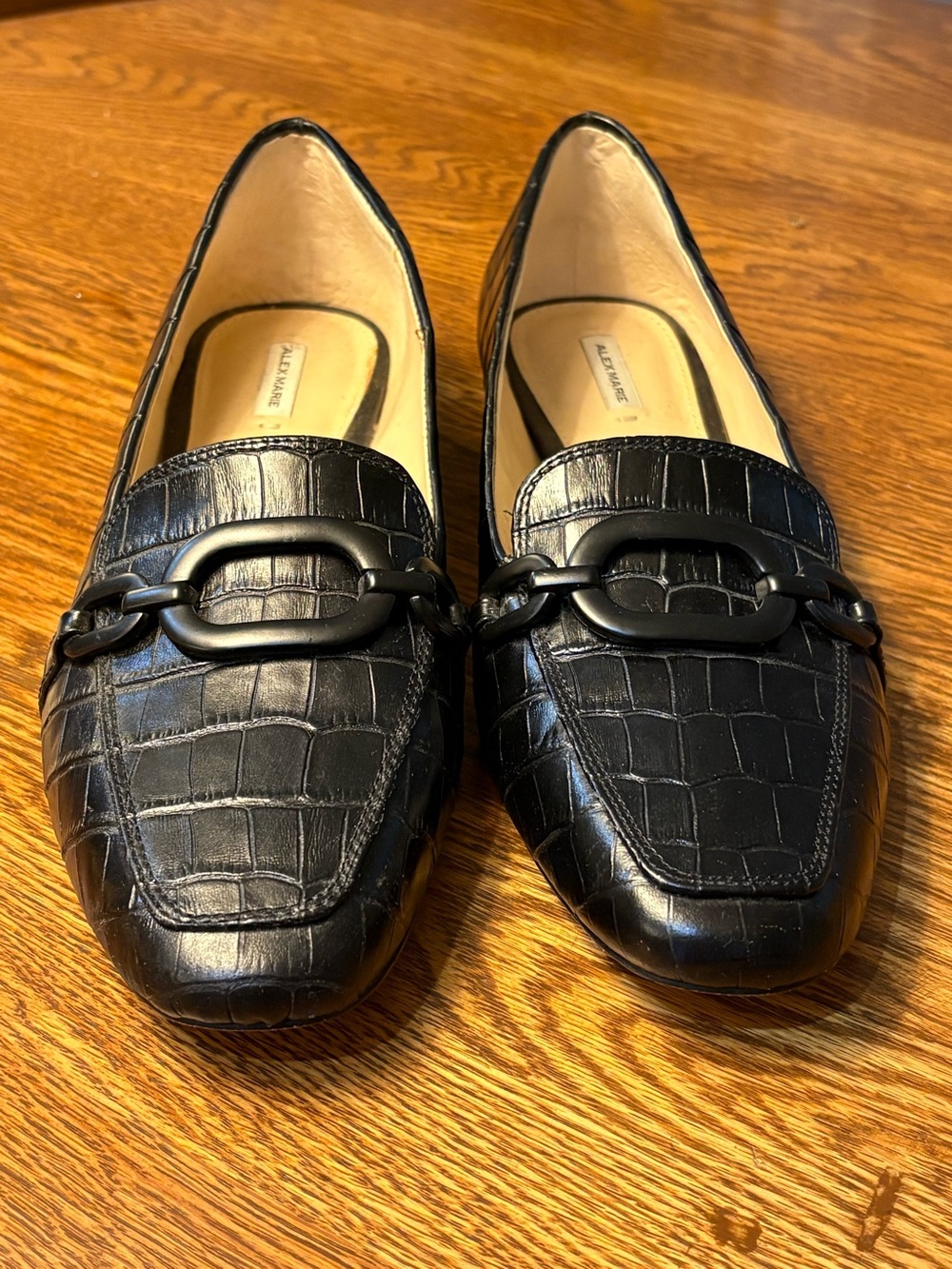 Classy Black Croc-Embossed Leather Loafers with Chain Accent by Alex Marie